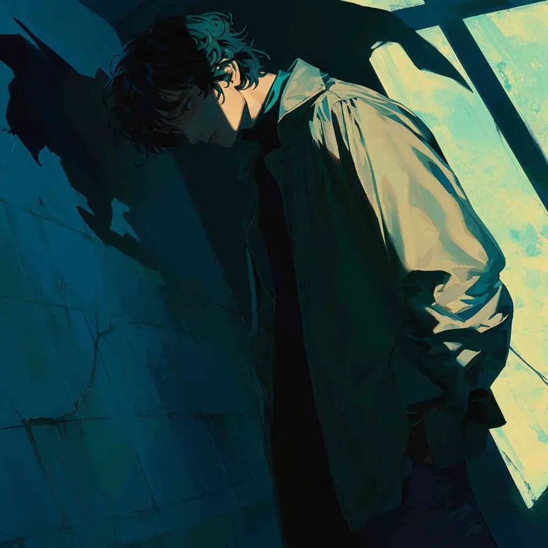 An illustration of a Japanese anime-style scene featuring a man slightly bowing his head, looking towards the camera, with eyes carrying a mysterious and determined gaze, surrounded by enigmatic shadows enhancing the sense of mystery and captivation. Cool color temperature, subtle lighting, intriguing atmosphere - style1部分