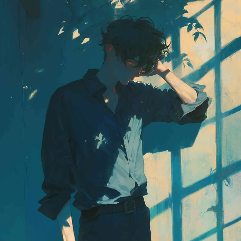 An illustration of a Japanese anime-style scene featuring a man slightly bowing his head, looking towards the camera, with eyes carrying a mysterious and determined gaze, surrounded by enigmatic shadows enhancing the sense of mystery and captivation. Cool color temperature, subtle lighting, intriguing atmosphere - style2部分