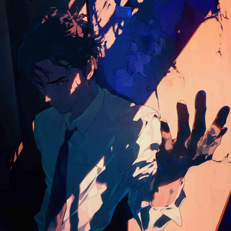 An illustration of a Japanese anime-style scene featuring a man slightly bowing his head, looking towards the camera, with eyes carrying a mysterious and determined gaze, surrounded by enigmatic shadows enhancing the sense of mystery and captivation. Cool color temperature, subtle lighting, intriguing atmosphere - style3部分