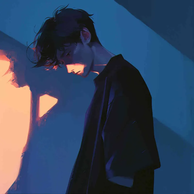An illustration of a Japanese anime-style scene featuring a man slightly bowing his head, looking towards the camera, with eyes carrying a mysterious and determined gaze, surrounded by enigmatic shadows enhancing the sense of mystery and captivation. Cool color temperature, subtle lighting, intriguing atmosphere - style4部分
