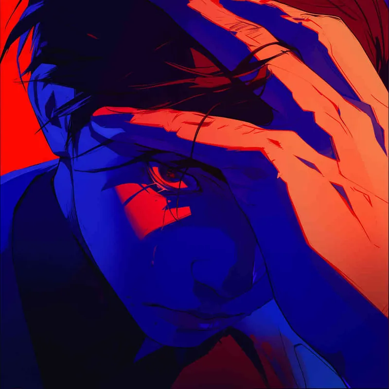 A comics-style illustration portraying a Japanese anime-inspired character, showcasing a man subtly bowing his head, locking gaze with the viewer with eyes filled with mystery and resolve, enveloped in cryptic shadows around the head, focusing on a close-up shot to intensify the mysterious allure. Bold lines, vibrant color contrast, dynamic lighting, captivating atmosphere. - style1部分
