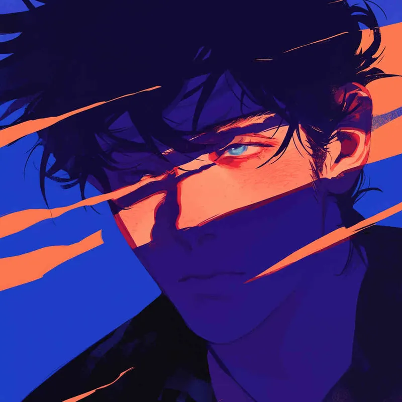 A comics-style illustration portraying a Japanese anime-inspired character, showcasing a man subtly bowing his head, locking gaze with the viewer with eyes filled with mystery and resolve, enveloped in cryptic shadows around the head, focusing on a close-up shot to intensify the mysterious allure. Bold lines, vibrant color contrast, dynamic lighting, captivating atmosphere. - style3部分