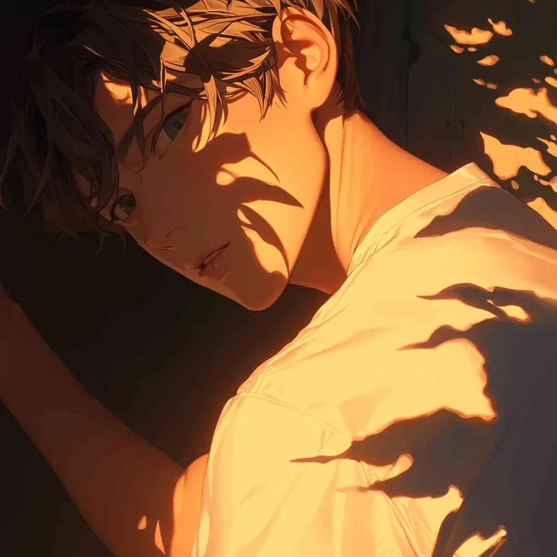 An illustration of a Japanese anime-style scene featuring a man slightly bowing his head, looking towards the camera with mysterious and determined eyes, surrounded by enigmatic shadows, emphasizing the head in close-up, enhancing the mysterious and captivating effect. Cool color temperature, soft lighting, intriguing atmosphere - style1部分