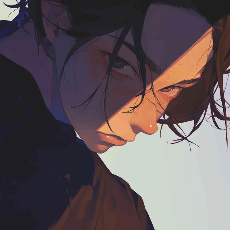 An illustration of a Japanese anime-style scene featuring a man slightly bowing his head, looking towards the camera with mysterious and determined eyes, surrounded by enigmatic shadows, emphasizing the head in close-up, enhancing the mysterious and captivating effect. Cool color temperature, soft lighting, intriguing atmosphere - style2部分