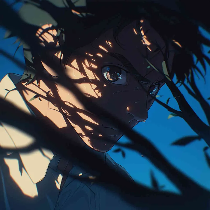 An illustration of a Japanese anime-style scene featuring a man slightly bowing his head, looking towards the camera with mysterious and determined eyes, surrounded by enigmatic shadows, emphasizing the head in close-up, enhancing the mysterious and captivating effect. Cool color temperature, soft lighting, intriguing atmosphere - style3部分
