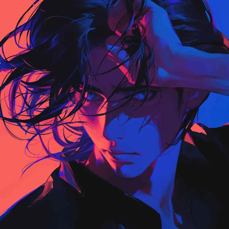 An illustration of a Japanese anime-style scene featuring a man slightly bowing his head, looking towards the camera with mysterious and determined eyes, surrounded by enigmatic shadows, emphasizing the head in close-up, enhancing the mysterious and captivating effect. Cool color temperature, soft lighting, intriguing atmosphere - style4部分