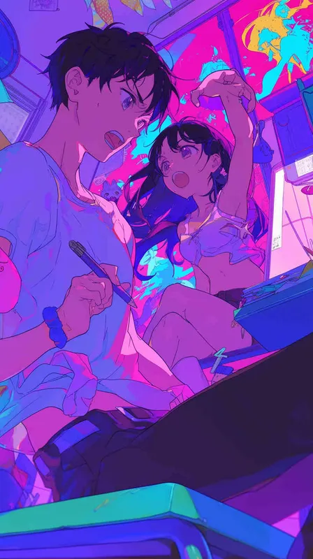 An anime-inspired scene where a male character enthusiastically discusses his hobbies and interests with a female character. The male character is depicted with vibrant expressions and gestures, showcasing his passion for his hobbies, while the female character listens attentively, showing interest and engagement. The background features colorful elements related to the hobbies being discussed, creating a lively and engaging atmosphere. - style1部分