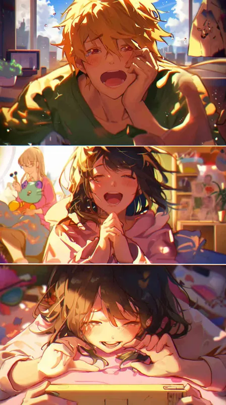 An anime-inspired scene where a male character enthusiastically discusses his hobbies and interests with a female character. The male character is depicted with vibrant expressions and gestures, showcasing his passion for his hobbies, while the female character listens attentively, showing interest and engagement. The background features colorful elements related to the hobbies being discussed, creating a lively and engaging atmosphere. - style3部分