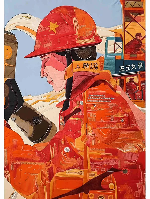 A hand-painted illustration of a Chinese oil worker wearing a red work cap and uniform, with a flat style and exquisite thread design – AI绘画作品展示 | Midjourney中文版生成