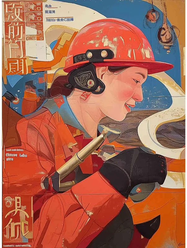 A hand-painted illustration of a Chinese oil worker wearing a red work cap and uniform, with a flat style and exquisite thread design - AI绘画作品展示 | Midjourney中文版生成