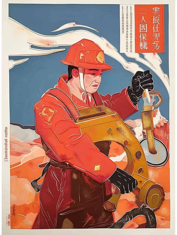 A hand-painted illustration of a Chinese oil worker wearing a red work cap and uniform, with a flat style and exquisite thread design - AI绘画作品展示 | Midjourney中文版生成