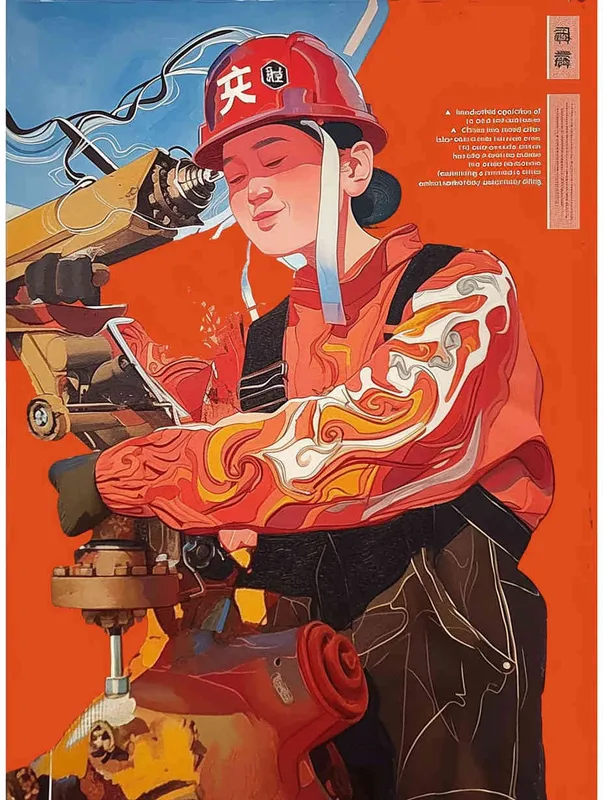 A hand-painted illustration of a Chinese oil worker wearing a red work cap and uniform, with a flat style and exquisite thread design - AI绘画作品展示 | Midjourney中文版生成