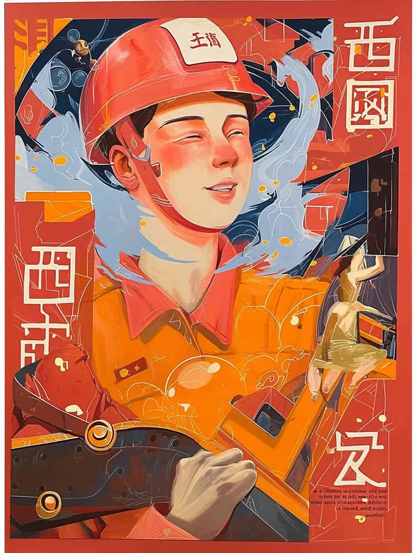 A hand-painted illustration of a Chinese oil worker wearing a red work cap and uniform, with a flat style and exquisite thread design – AI绘画作品展示 | Midjourney中文版生成