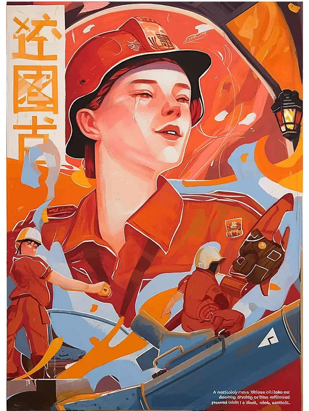 A hand-painted illustration of a Chinese oil worker wearing a red work cap and uniform, with a flat style and exquisite thread design - AI绘画作品展示 | Midjourney中文版生成
