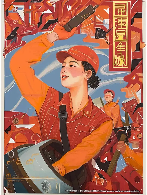 A hand-painted illustration of a Chinese oil worker wearing a red work cap and uniform, with a flat style and exquisite thread design - AI绘画作品展示 | Midjourney中文版生成