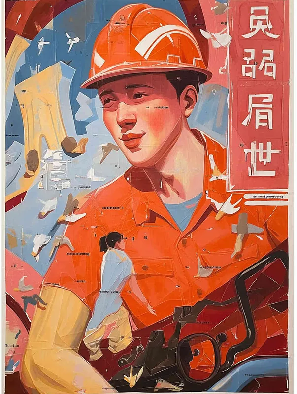 A hand-painted illustration of a Chinese oil worker, with a male oil worker wearing a red work cap and red work clothes, a flat style, and exquisite thread sketches - style1部分
