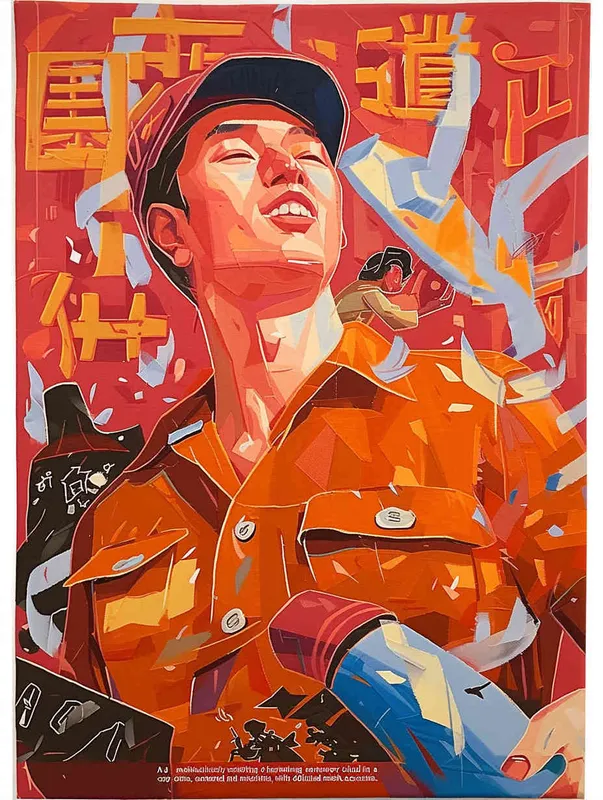 A hand-painted illustration of a Chinese oil worker, with a male oil worker wearing a red work cap and red work clothes, a flat style, and exquisite thread sketches - style3部分