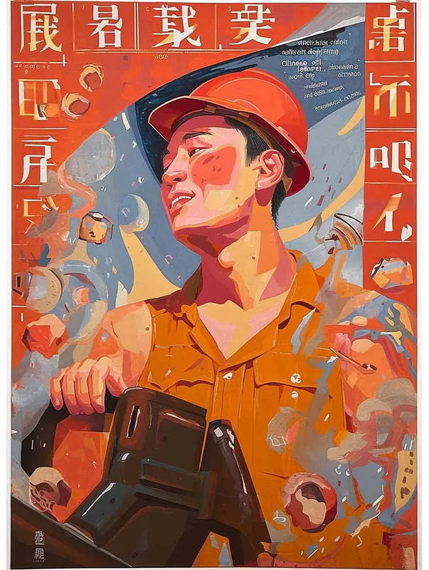 A hand-painted illustration of a Chinese oil worker, with a male oil worker wearing a red work cap and red work clothes, a flat style, and exquisite thread sketches - style4部分