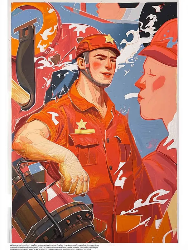 A hand-painted illustration of a Chinese oil worker, with a male oil worker wearing a red work cap and red work clothes, a flat style, and exquisite thread sketches - style1部分