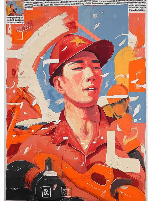 A hand-painted illustration of a Chinese oil worker, with a male oil worker wearing a red work cap and red work clothes, a flat style, and exquisite thread sketches - style3部分