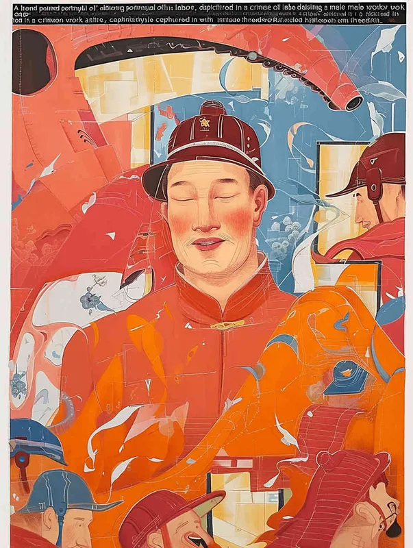 A hand-painted illustration of a Chinese oil worker, with a male oil worker wearing a red work cap and red work clothes, a flat style, and exquisite thread sketches - style4部分