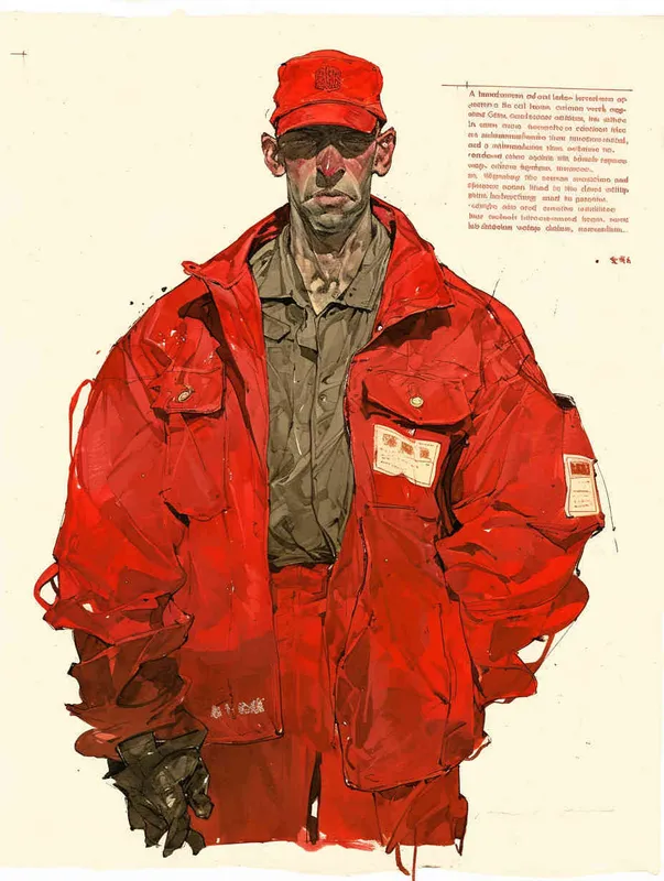 A hand-painted illustration of a Chinese oil worker, with a male oil worker wearing a red work cap and red work clothes, a flat style, and exquisite thread sketches - AI绘画作品展示 | Midjourney中文版生成