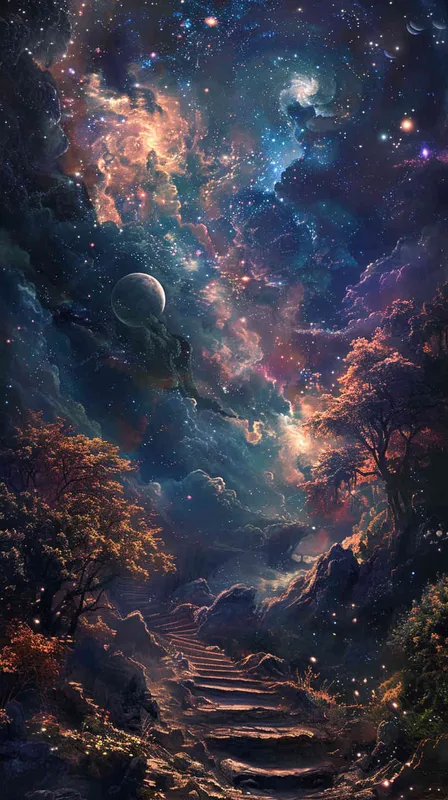 海报画面,一条路,通往星空的画面,深色调子,画面细节丰富 - AI绘画作品展示 | Midjourney中文版生成