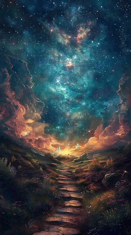 海报画面,一条路,通往星空的画面,深色调子,画面细节丰富 - AI绘画作品展示 | Midjourney中文版生成