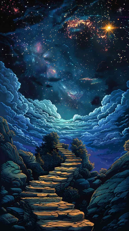 海报画面,一条路,通往星空的画面,深色调子,画面细节丰富 - AI绘画作品展示 | Midjourney中文版生成