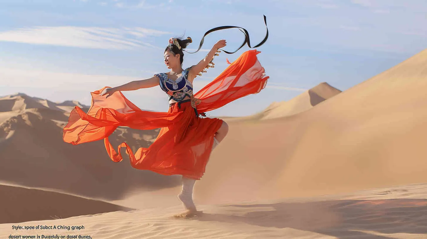 A beautiful Chinese woman dressed in Dunhuang costume is flying on the desert dunes, captured with high speed photography in the style of colorism, with FHD, HDR, and 8K resolution. --ar 128:85 - style3部分