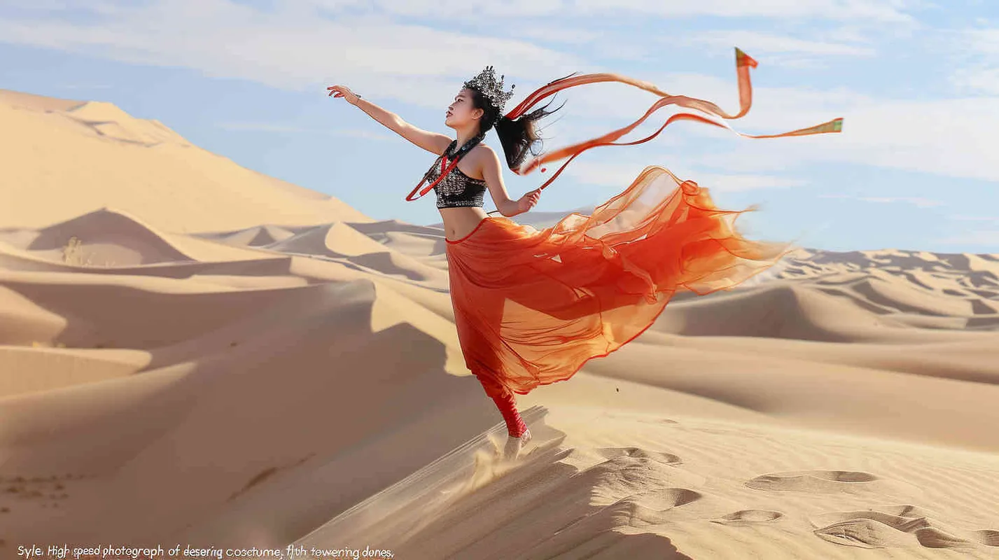A beautiful Chinese woman dressed in Dunhuang costume is flying on the desert dunes, captured with high speed photography in the style of colorism, with FHD, HDR, and 8K resolution. --ar 128:85 - style4部分