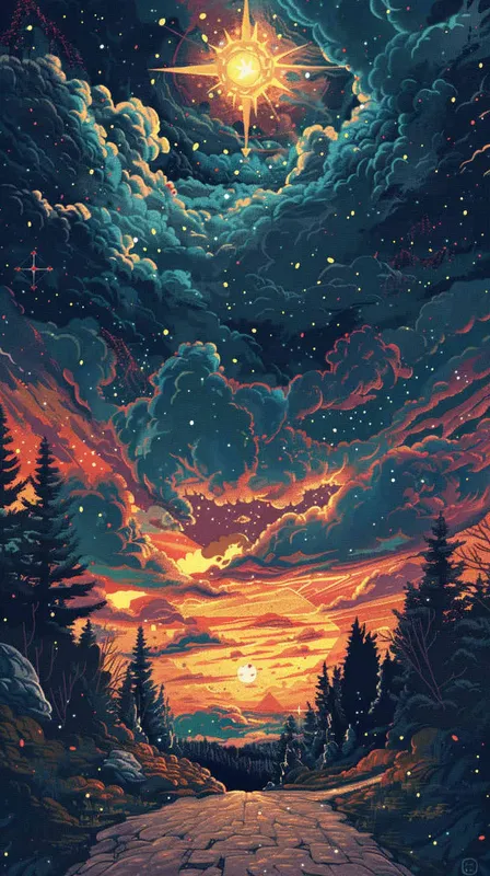 印象派海报画面，一条光明的大路，通往星空的画面，扁平插画，构成主义，不要阴影，不要体积，大师作品 – AI绘画作品展示 | Midjourney中文版生成