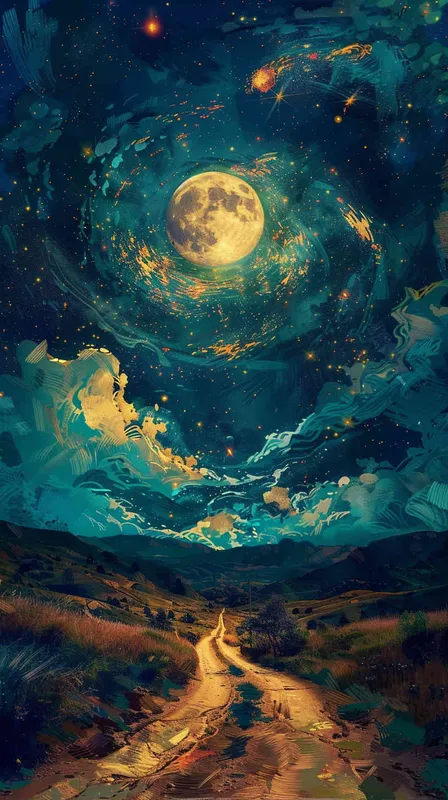 印象派海报画面，一条光明的大路，通往星空的画面，扁平插画，构成主义，不要阴影，不要体积，大师作品 - style2部分