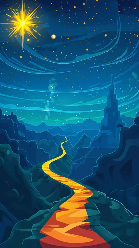 印象派海报画面，一条光明的大路，通往星空的画面，扁平插画，构成主义，不要阴影，不要体积，大师作品 - style3部分