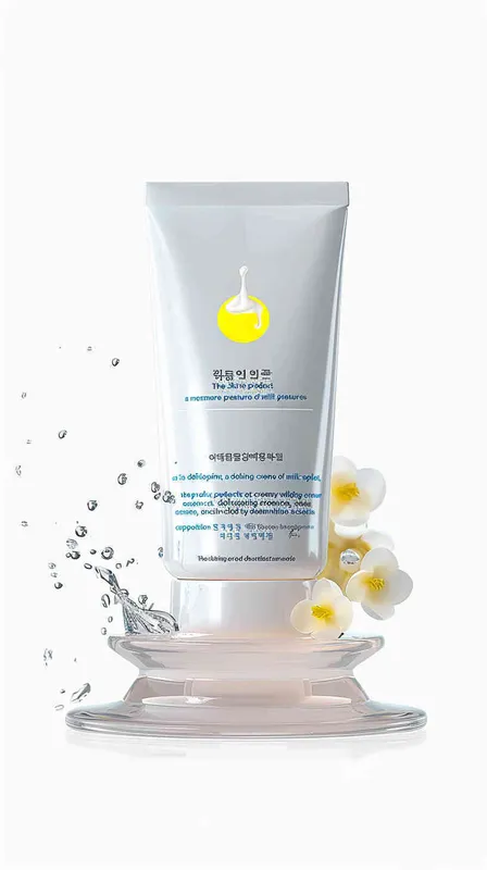 the cover of a skincare products advertisement showcases splashing milk surrounding the product , a small round platform in the middle with white essence cream, surrounded by osmanthus elements， natural light , advertising design poster , movie poster , macro scene , atmospheric 
 atmosphere , rendered in Cinema4D, texture based , realistic details , movie lighting ,8k
-- ar 2:3-- v 6.0 - style1部分