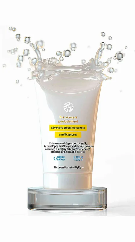 the cover of a skincare products advertisement showcases splashing milk surrounding the product , a small round platform in the middle with white essence cream, surrounded by osmanthus elements， natural light , advertising design poster , movie poster , macro scene , atmospheric 
 atmosphere , rendered in Cinema4D, texture based , realistic details , movie lighting ,8k
-- ar 2:3-- v 6.0 - style2部分