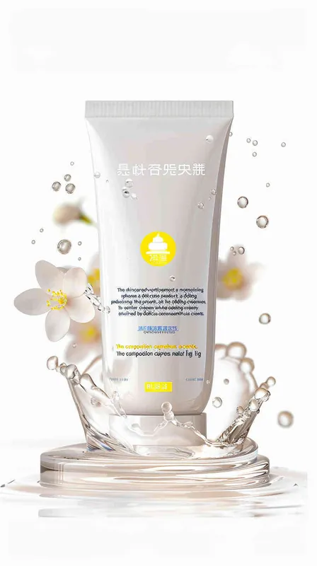 the cover of a skincare products advertisement showcases splashing milk surrounding the product , a small round platform in the middle with white essence cream, surrounded by osmanthus elements， natural light , advertising design poster , movie poster , macro scene , atmospheric 
 atmosphere , rendered in Cinema4D, texture based , realistic details , movie lighting ,8k
-- ar 2:3-- v 6.0 - style3部分