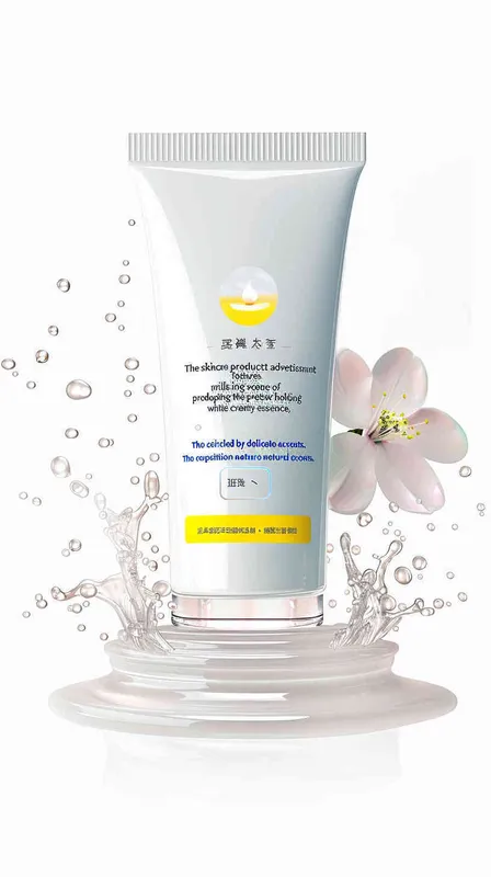 the cover of a skincare products advertisement showcases splashing milk surrounding the product , a small round platform in the middle with white essence cream, surrounded by osmanthus elements， natural light , advertising design poster , movie poster , macro scene , atmospheric 
 atmosphere , rendered in Cinema4D, texture based , realistic details , movie lighting ,8k
-- ar 2:3-- v 6.0 - style4部分