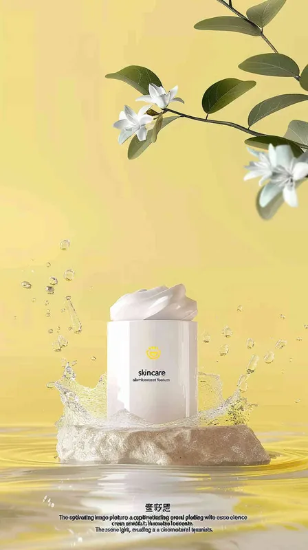 the cover of a skincare products advertisement showcases splashing milk surrounding the product , a small round platform in the middle with white essence cream, surrounded by osmanthus elements， natural light , advertising design poster , movie poster , macro scene , atmospheric 
 atmosphere , rendered in Cinema4D, texture based , realistic details , movie lighting ,8k
-- ar 2:3-- v 6.0 - style1部分