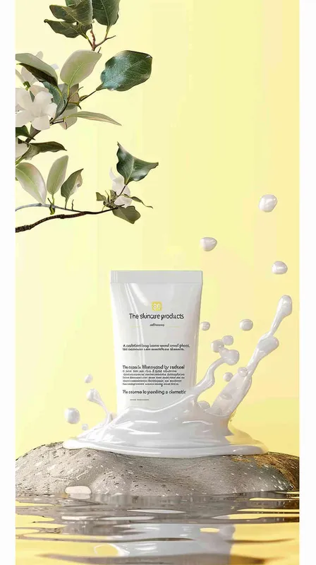 the cover of a skincare products advertisement showcases splashing milk surrounding the product , a small round platform in the middle with white essence cream, surrounded by osmanthus elements， natural light , advertising design poster , movie poster , macro scene , atmospheric 
 atmosphere , rendered in Cinema4D, texture based , realistic details , movie lighting ,8k
-- ar 2:3-- v 6.0 - style2部分