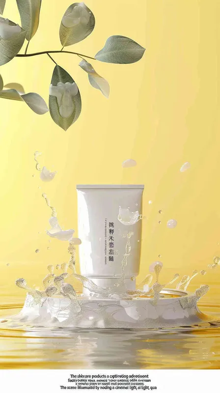 the cover of a skincare products advertisement showcases splashing milk surrounding the product , a small round platform in the middle with white essence cream, surrounded by osmanthus elements， natural light , advertising design poster , movie poster , macro scene , atmospheric 
 atmosphere , rendered in Cinema4D, texture based , realistic details , movie lighting ,8k
-- ar 2:3-- v 6.0 - style3部分