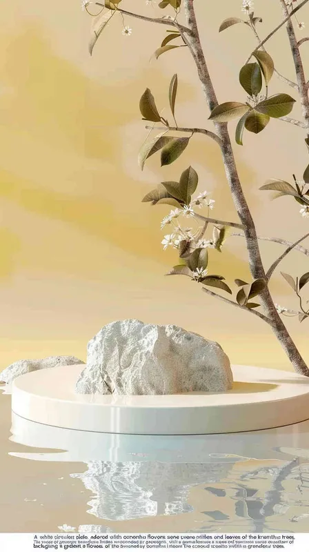 A white circular platform with a background of milk lake, spilled milk, clean tabletop, surrounded by osmanthus flowers. The background is the branches and leaves of osmanthus trees, with a gradient background, giving a sense of foresight and grandeur,scene design ,3D, OC rendering , center composition - style1部分