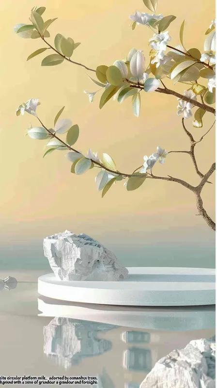 A white circular platform with a background of milk lake, spilled milk, clean tabletop, surrounded by osmanthus flowers. The background is the branches and leaves of osmanthus trees, with a gradient background, giving a sense of foresight and grandeur,scene design ,3D, OC rendering , center composition - style2部分