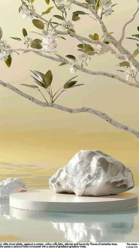A white circular platform with a background of milk lake, spilled milk, clean tabletop, surrounded by osmanthus flowers. The background is the branches and leaves of osmanthus trees, with a gradient background, giving a sense of foresight and grandeur,scene design ,3D, OC rendering , center composition - style4部分