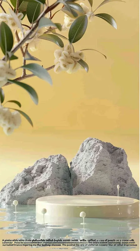 A white circular platform with a background of milk lake, spilled milk, clean tabletop, surrounded by osmanthus flowers. The background is the branches and leaves of osmanthus trees, with a gradient background, giving a sense of foresight and grandeur,scene design ,3D, OC rendering , center composition - style1部分