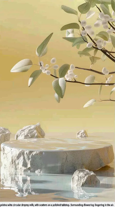 A white circular platform with a background of milk lake, spilled milk, clean tabletop, surrounded by osmanthus flowers. The background is the branches and leaves of osmanthus trees, with a gradient background, giving a sense of foresight and grandeur,scene design ,3D, OC rendering , center composition - style2部分