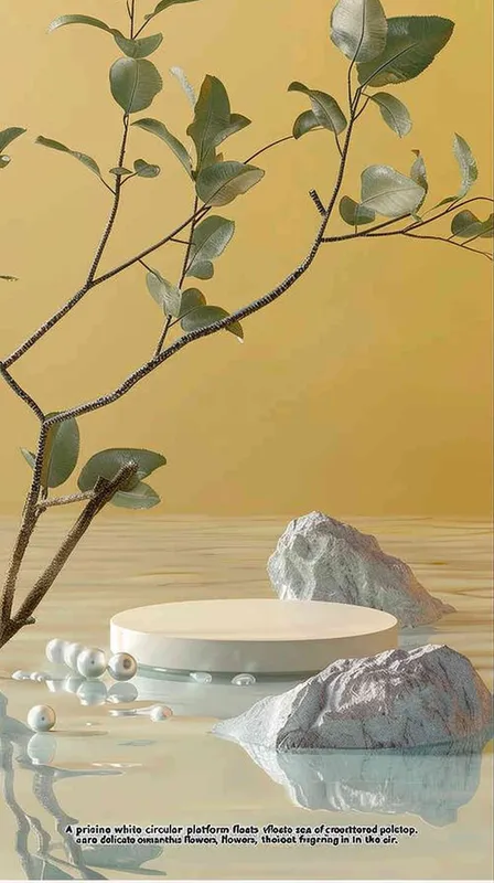 A white circular platform with a background of milk lake, spilled milk, clean tabletop, surrounded by osmanthus flowers. The background is the branches and leaves of osmanthus trees, with a gradient background, giving a sense of foresight and grandeur,scene design ,3D, OC rendering , center composition - style3部分