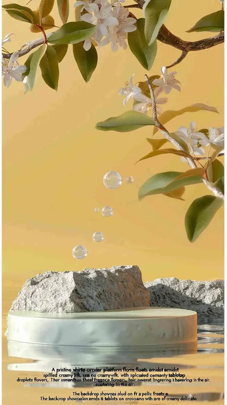 A white circular platform with a background of milk lake, spilled milk, clean tabletop, surrounded by osmanthus flowers. The background is the branches and leaves of osmanthus trees, with a gradient background, giving a sense of foresight and grandeur,scene design ,3D, OC rendering , center composition - style4部分