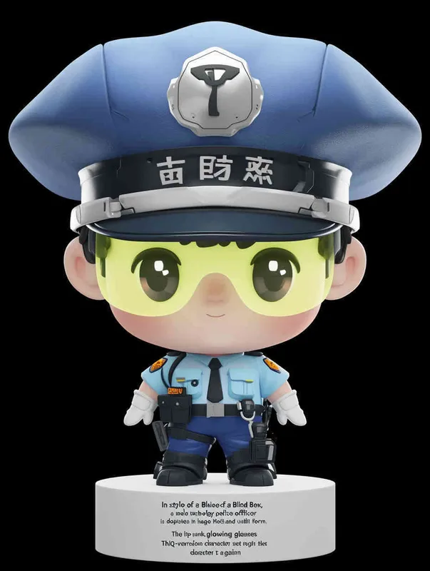 Blind Box Style , full body, chibi, Delicate features, a male technology police officer with an IP image design, wearing a police hat and uniform, wearing cyberpunk glowing glasses, Q-version, white background, Natural lighting, 8K, best quality, ultra - detail, 3D, C4D, Blender, OC renderer, ultra HD, 3D rendering  - style1部分
