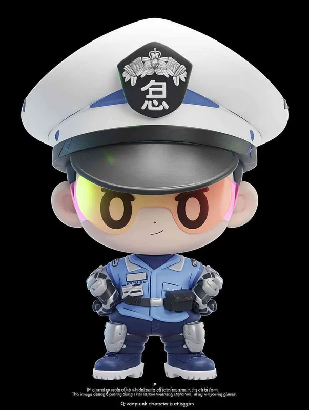 Blind Box Style , full body, chibi, Delicate features, a male technology police officer with an IP image design, wearing a police hat and uniform, wearing cyberpunk glowing glasses, Q-version, white background, Natural lighting, 8K, best quality, ultra - detail, 3D, C4D, Blender, OC renderer, ultra HD, 3D rendering  - style2部分